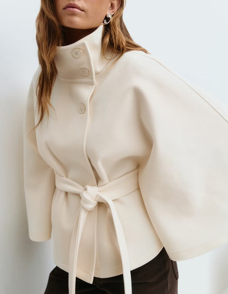 Winter High Neck Batwing Sleeve Coat with Belt for Women