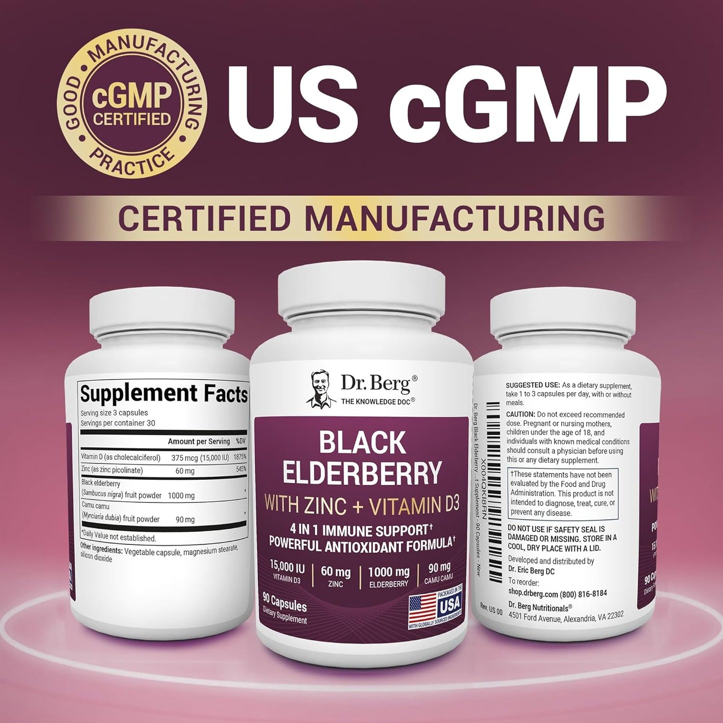 Dr. Berg Black Elderberry Capsules (Advanced Immune Support*) with 15,000 IU Vitamin D, 60 Mg of Zinc, & 90 Mg of Camu Camu - (4-In-1) Sambucus Elderberry Immune Support Supplement - 90 Capsules