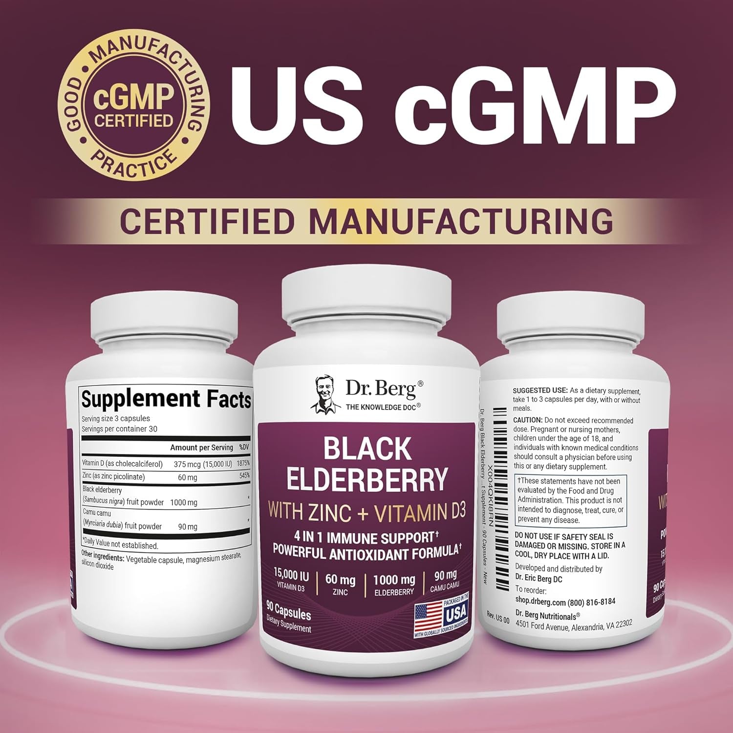 Dr. Berg Black Elderberry Capsules (Advanced Immune Support*) with 15,000 IU Vitamin D, 60 Mg of Zinc, & 90 Mg of Camu Camu - (4-In-1) Sambucus Elderberry Immune Support Supplement - 90 Capsules