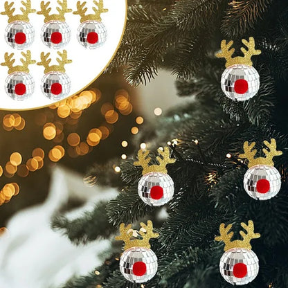 5PCS Silver Disco Mirror Elk Horn Christmas Balls Hanging Ornaments