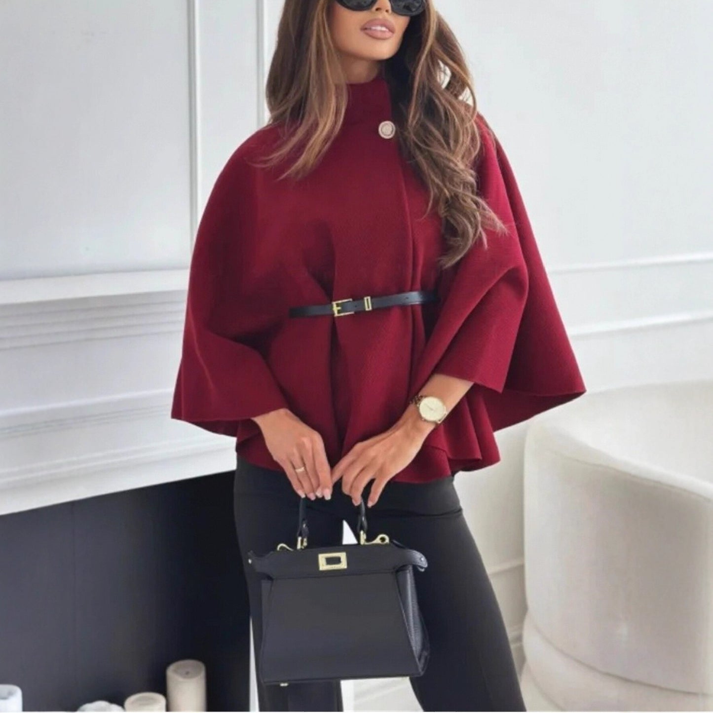 Women’s Stand Collar Batwing Sleeve Cloak Jacket with Belt