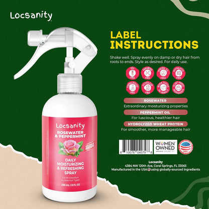 Daily Moisturizing Refreshing Spray for Locs, Dreadlocks - Rose Water and Peppermint Hair Scalp Moisturizer, Dreadlock Spray - Natural Loc Care and Maintenance (8Oz)
