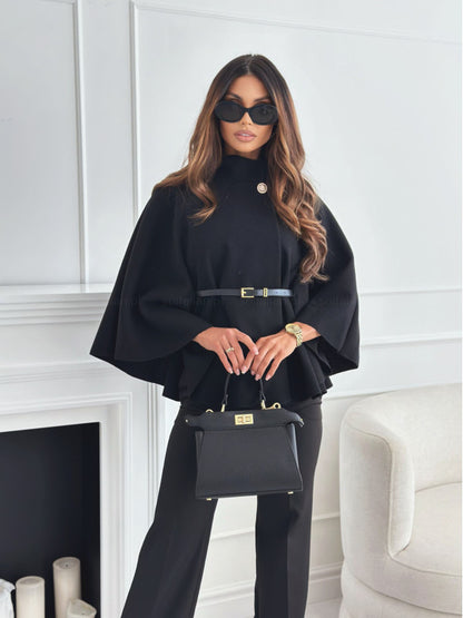 Women’s Stand Collar Batwing Sleeve Cloak Jacket with Belt