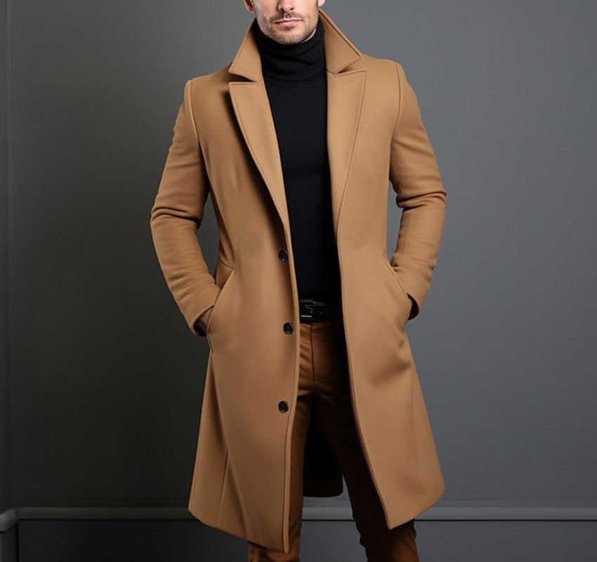 Men’s Mid-Length Trench Coat – Fall & Winter Slim Single-Breasted Jacket