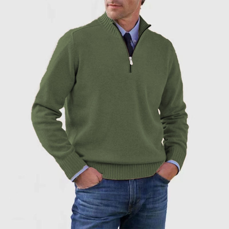 Men’s Stand Collar Zipper Sweater – Winter Fashion Solid Color Knitted Top