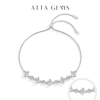 Moissanite Bracelet Four-Pointed Star S925 Sterling Silver for Women Girls Birthday Party Jewelry Gifts Adjustable 24Cm