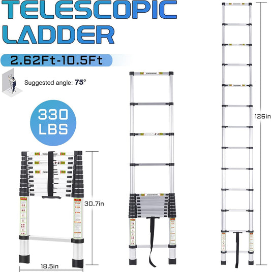 Telescoping Ladder 10.5FT & Attic Ladder, Heavy Duty Aluminum with Non-Slip Feet, 330Lb Capacity for RV, Attic, Roof & Multi-Surface Use