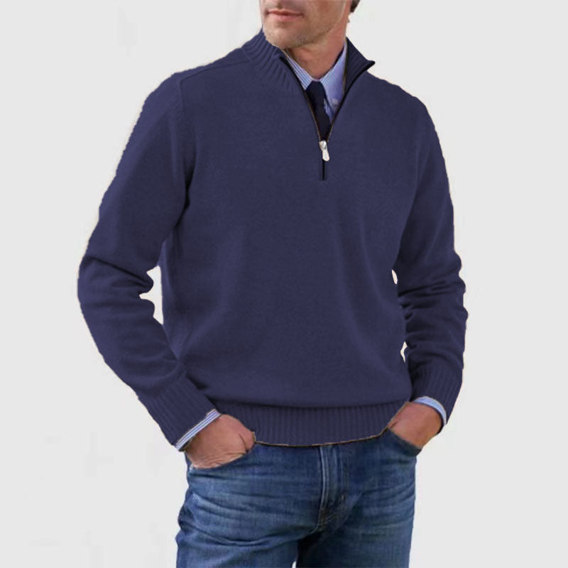 Men’s Stand Collar Zipper Sweater – Winter Fashion Solid Color Knitted Top