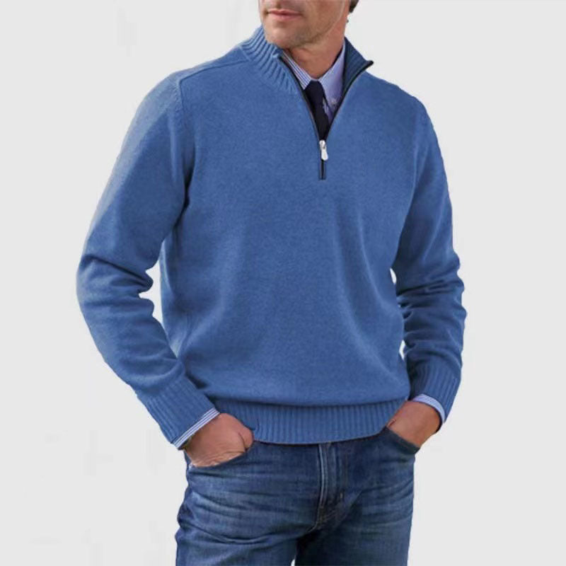 Men’s Stand Collar Zipper Sweater – Winter Fashion Solid Color Knitted Top