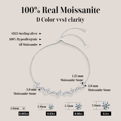 Moissanite Bracelet Four-Pointed Star S925 Sterling Silver for Women Girls Birthday Party Jewelry Gifts Adjustable 24Cm