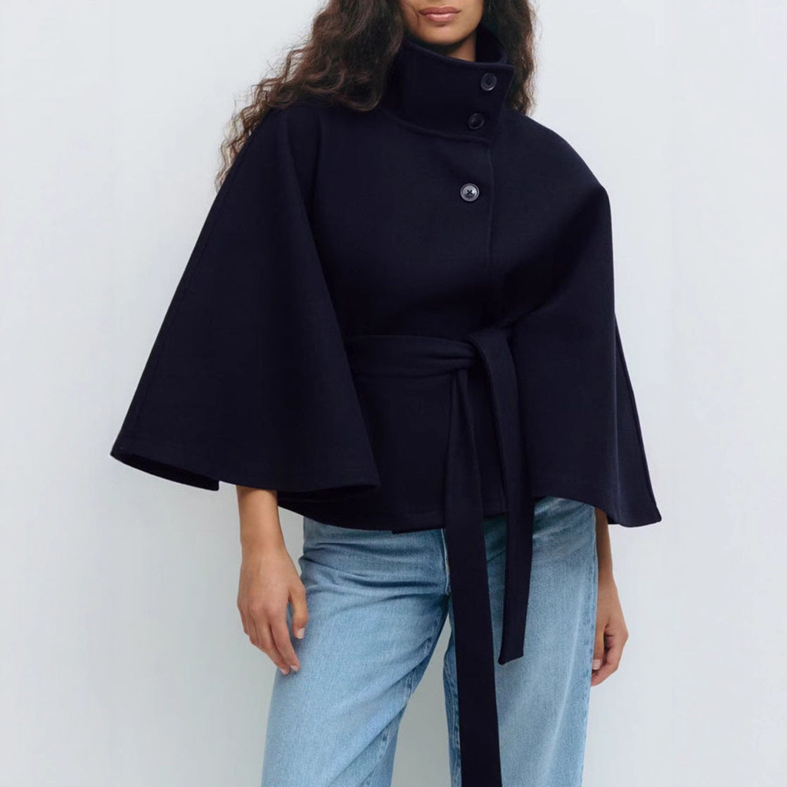 Winter High Neck Batwing Sleeve Coat with Belt for Women