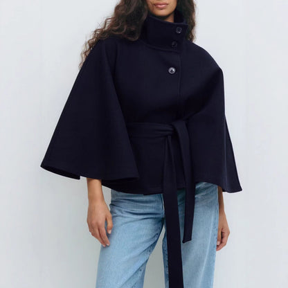 Winter High Neck Batwing Sleeve Coat with Belt for Women