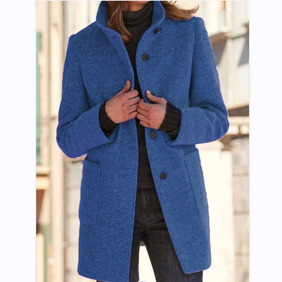 Fashion Stand Collar Woolen Coat With Pockets Fall Winter