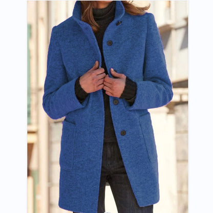 Fashion Stand Collar Woolen Coat With Pockets Fall Winter