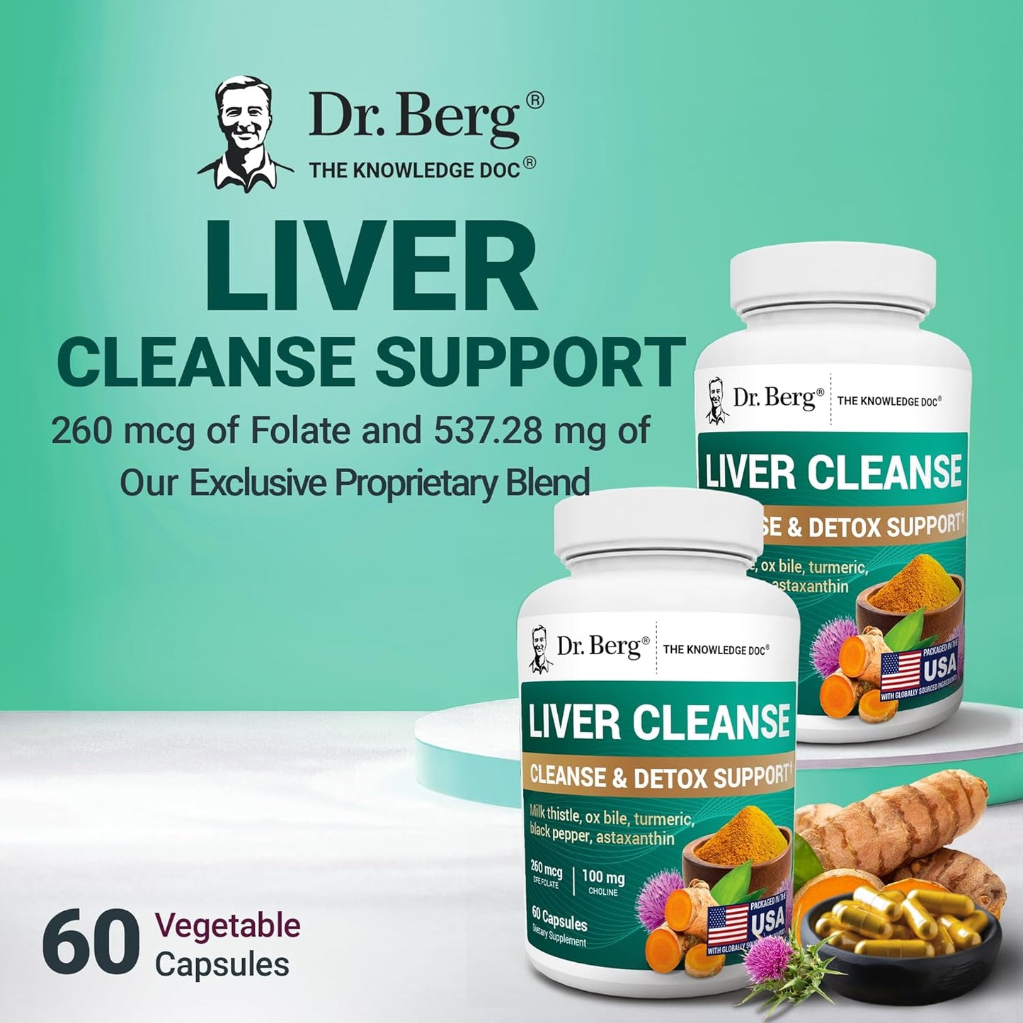 Dr. Berg Liver Cleanse Detox Capsules W/Unique Blend of Milk Thistle, Ox Bile & Folate - Liver Supplement Includes Turmeric, Black Pepper & Choline - 60 Capsules