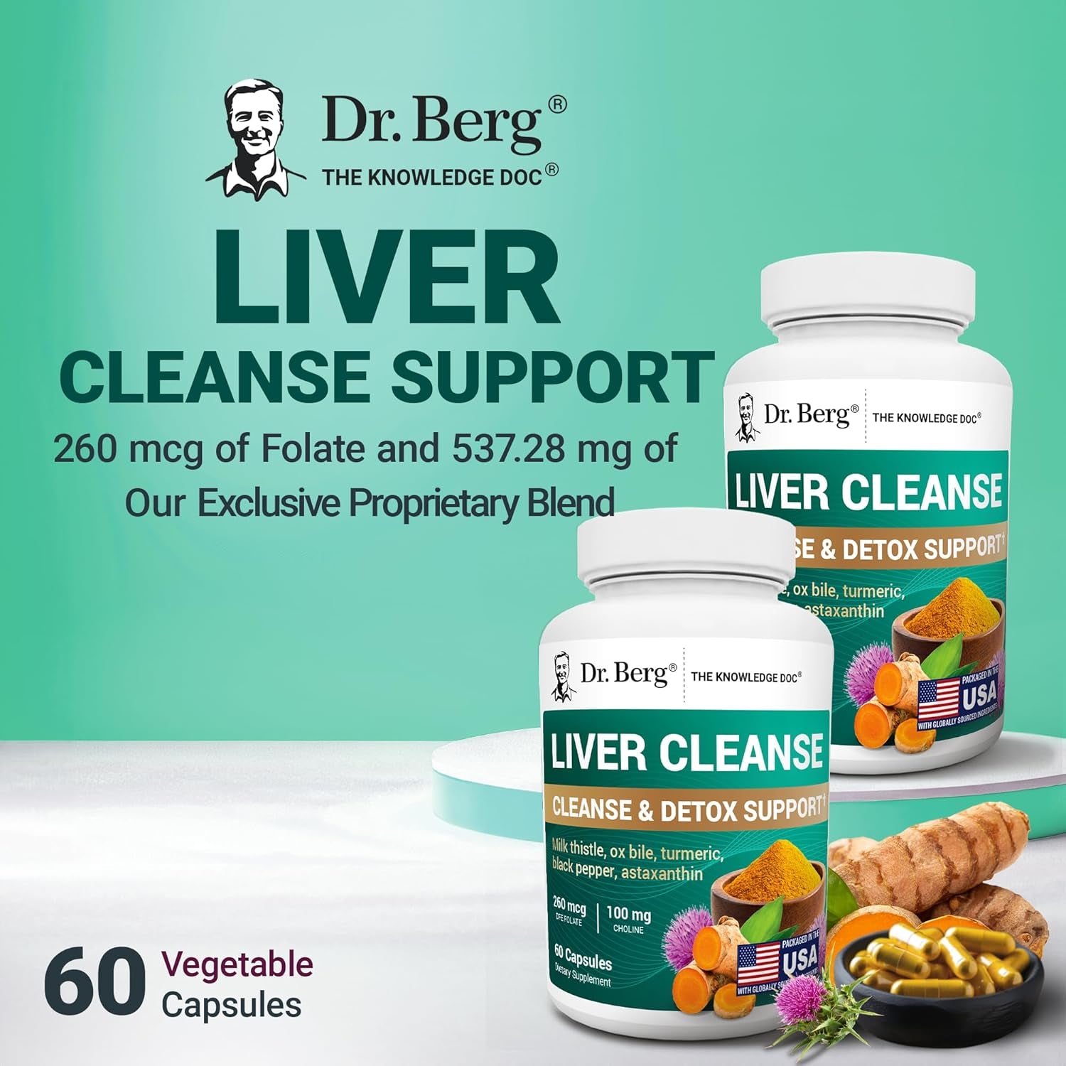 Dr. Berg Liver Cleanse Detox Capsules W/Unique Blend of Milk Thistle, Ox Bile & Folate - Liver Supplement Includes Turmeric, Black Pepper & Choline - 60 Capsules
