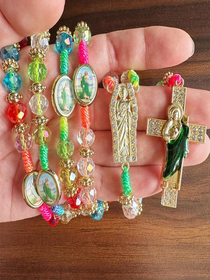 Rosary Saint Jude Virgin Mary Green Crystal Beads Catholic Necklace Cross Pendant Protection Blessing Charm Catholic Handmade Jewelry Gift Charms Car Hanging Charm Christmas Halloween Gift for Men Women