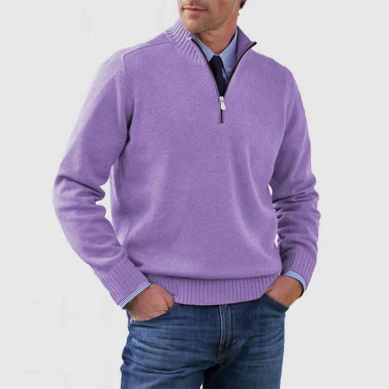 Men’s Stand Collar Zipper Sweater – Winter Fashion Solid Color Knitted Top