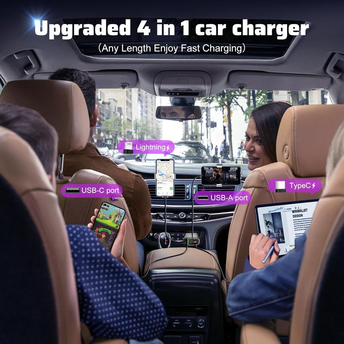 Starlight Retractable Car Charger: Car Accessories with Starlight in Car Roof, Car Chargers USB C, Fast Charging Adapter & Dual Charge Ports, 4 in 1 Car Phone Charger for Iphone Ipad Airpods