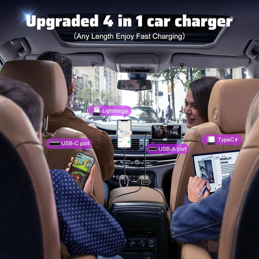Starlight Retractable Car Charger: Car Accessories with Starlight in Car Roof, Car Chargers USB C, Fast Charging Adapter & Dual Charge Ports, 4 in 1 Car Phone Charger for Iphone Ipad Airpods