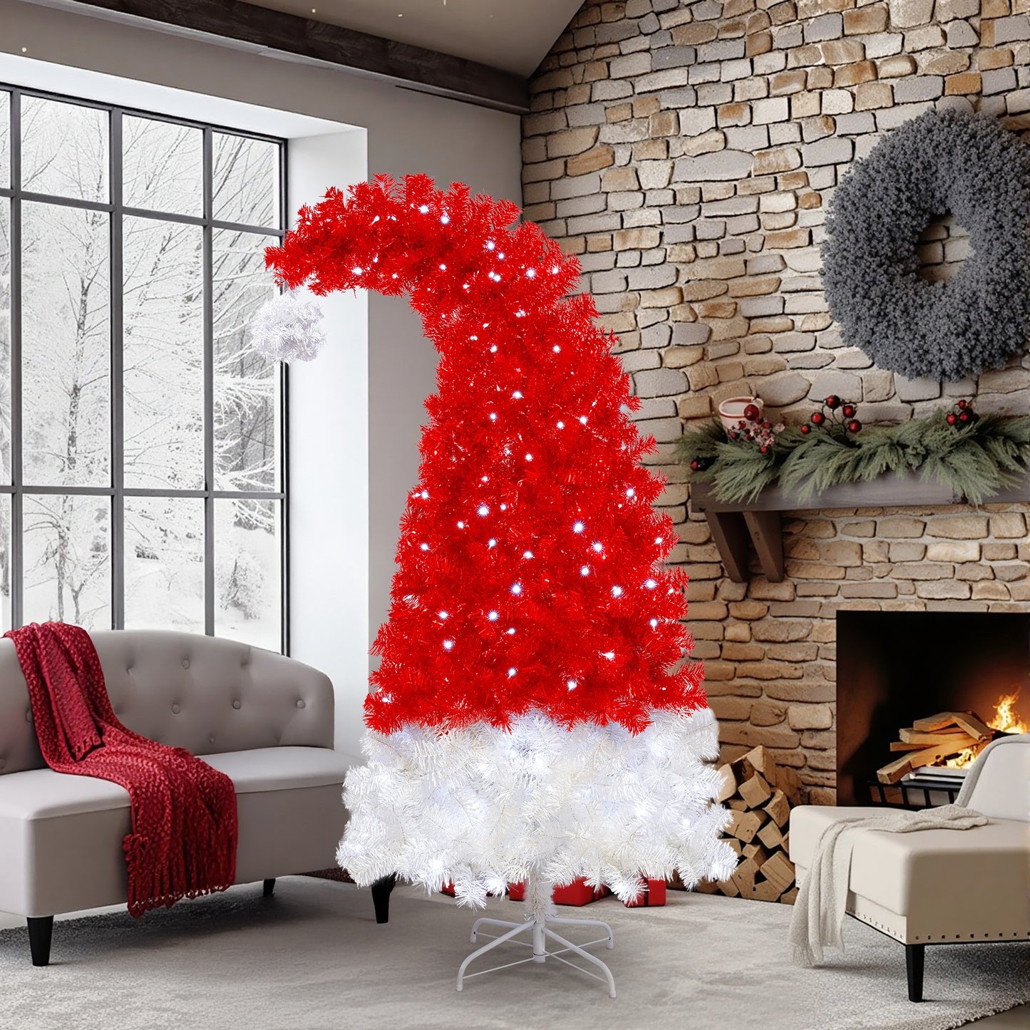 6FT Santa Hat  Christmas Tree With LED Lights | Curved Xmas Tree