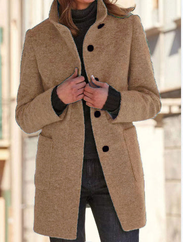 Fashion Stand Collar Woolen Coat With Pockets Fall Winter