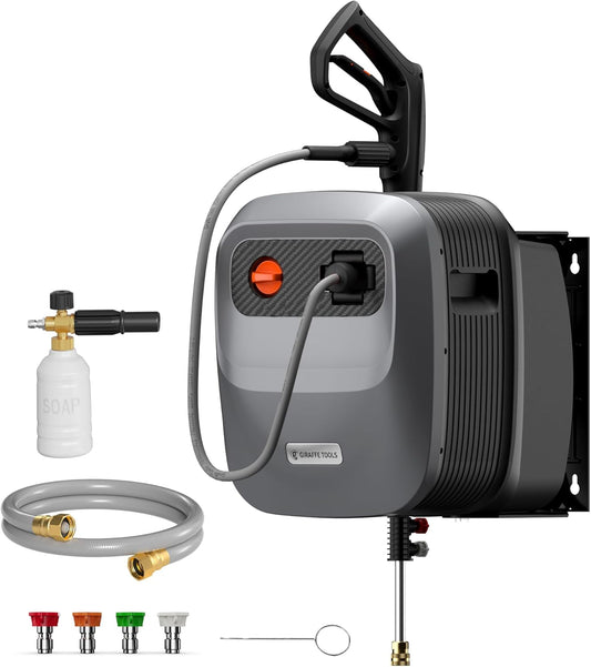 Grandfalls Pressure Washer G20 Pro, 2500 PSI 2.2 GPM, 180° Wall Mounted Power Washer, Auto-Retract with 65FT Hose Reel, 5 Nozzles for Floor/Cars/Fences/Patios, Dark Silver