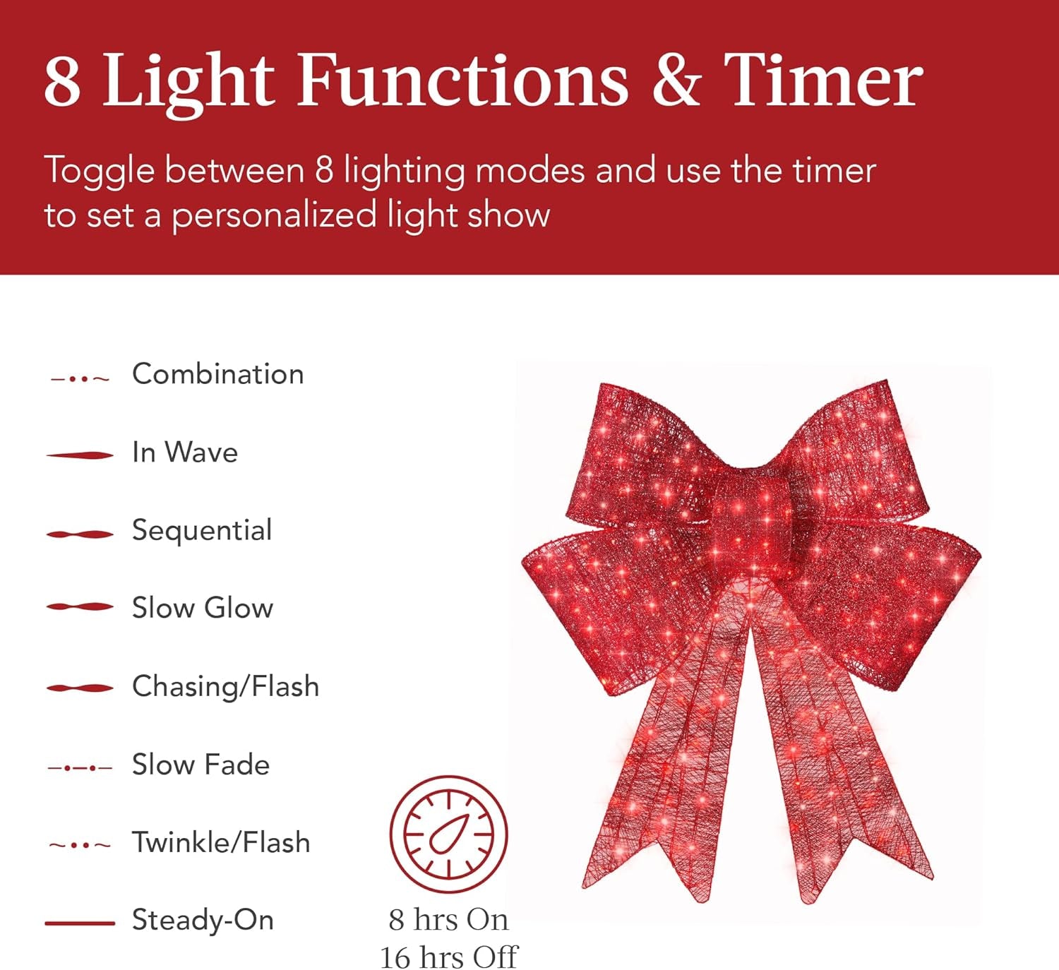 48In Pre-Lit XL Christmas Bow Decoration, Large Outdoor LED Holiday Yard Décor W/ 200 Lights, 8 Light Functions, Timer, Hook