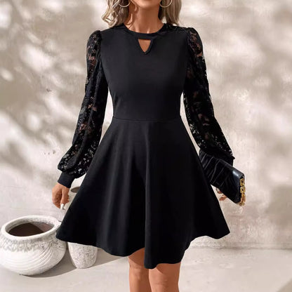 Black Round Neck Lace Stitching Long Sleeve Slim Flared Hem Dress