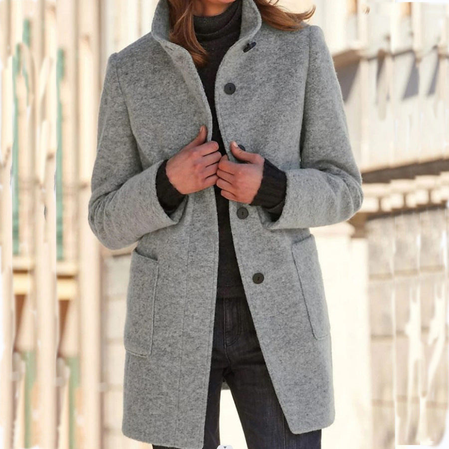 Fashion Stand Collar Woolen Coat With Pockets Fall Winter