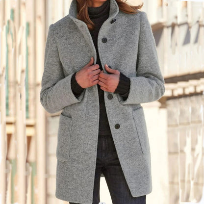 Fashion Stand Collar Woolen Coat With Pockets Fall Winter
