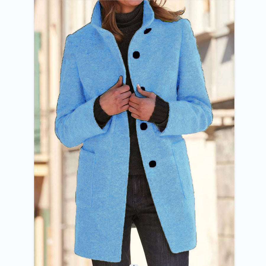 Fashion Stand Collar Woolen Coat With Pockets Fall Winter