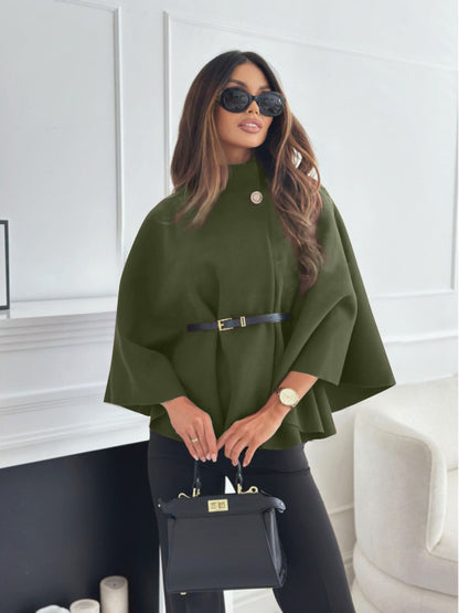 Women’s Stand Collar Batwing Sleeve Cloak Jacket with Belt