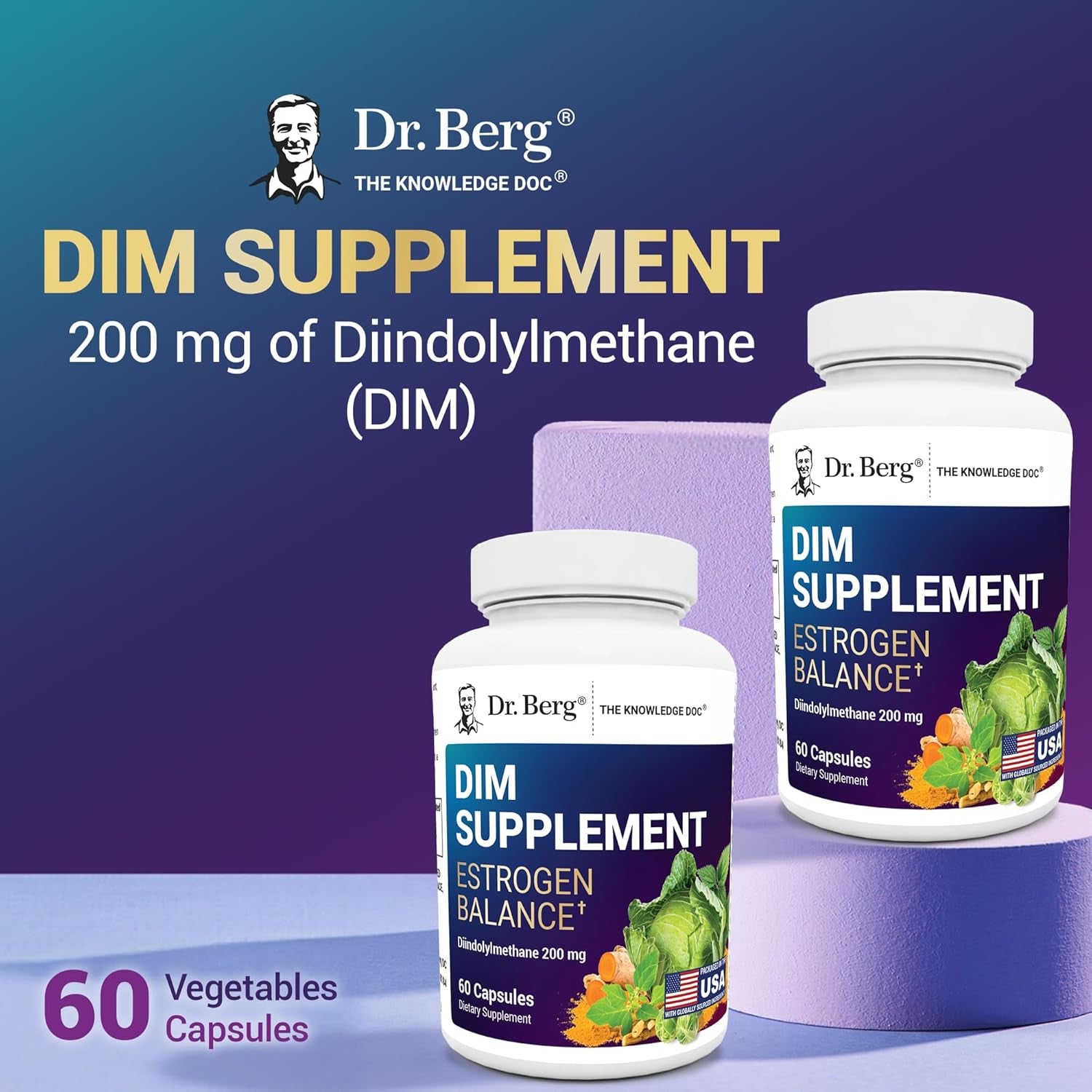 Dr. Berg DIM Supplement Estrogen Balance - Original Estrogen Supplement for Women with Diindolylmethane for Menstrual Symptoms & Menopause Relief & Black Pepper for Enhanced Absorption - 60 Capsules