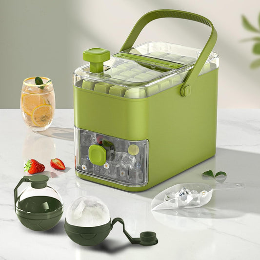 Compact Ice Cube Tray with Lid and Bin, with 2 round Ice Ball Molds, Bpa-Free, Easy Push-Release(Green)