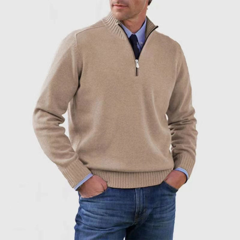 Men’s Stand Collar Zipper Sweater – Winter Fashion Solid Color Knitted Top