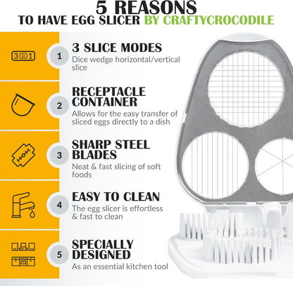 Egg Slicer for Hard Boiled Eggs - 3 Slice Modes Egg Cutter, Heavy Duty, Stainless Steel Dicer - Kitchen Chopper Tool for Strawberry, Mushroom, Grape, Cherry Tomato - White