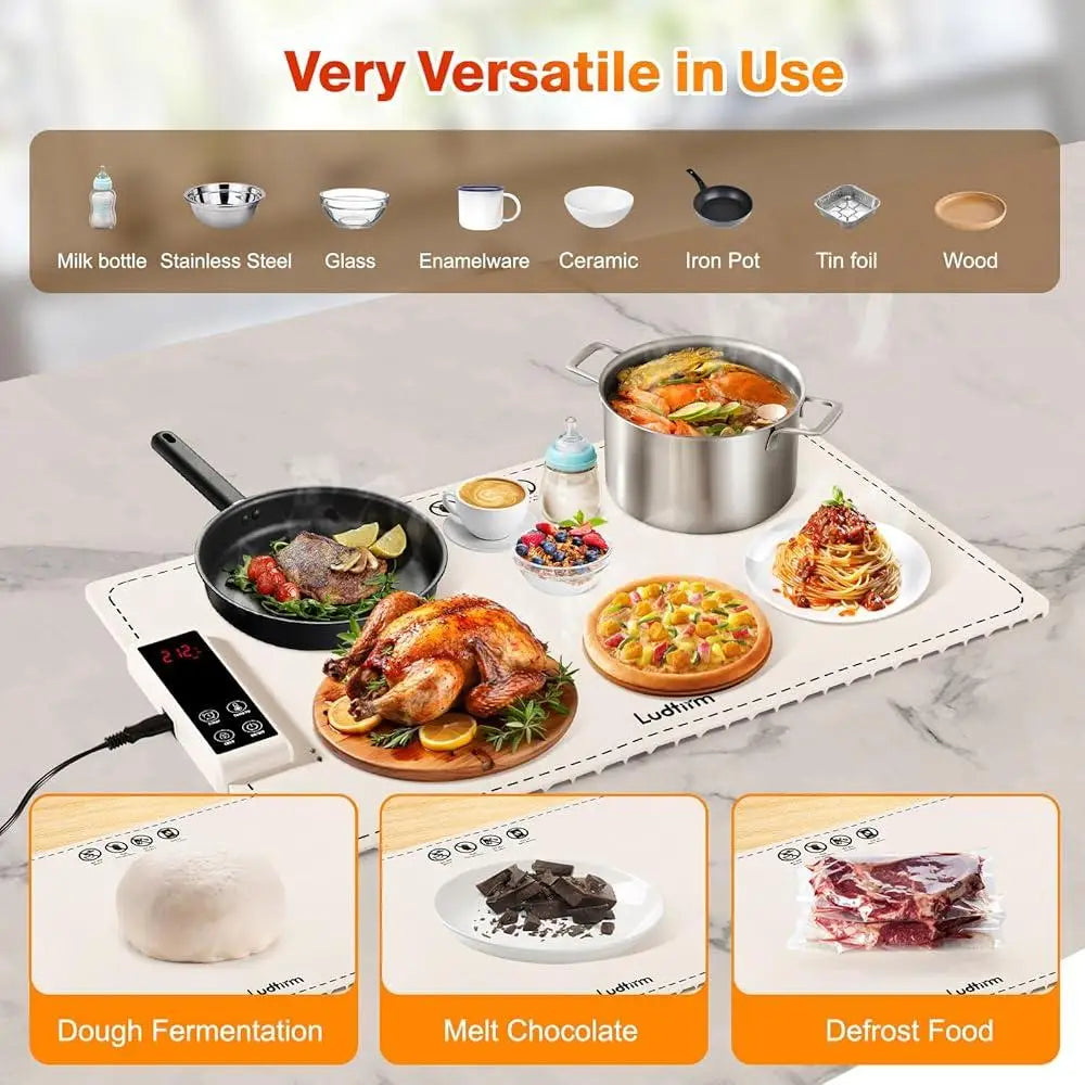 Food Warming Mat Electric Heating Pad Graphene Aluminum Foil 6 Temperatures 5 Timers Child Lock Safety Design Countertop