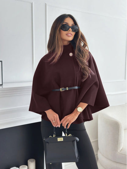 Women’s Stand Collar Batwing Sleeve Cloak Jacket with Belt