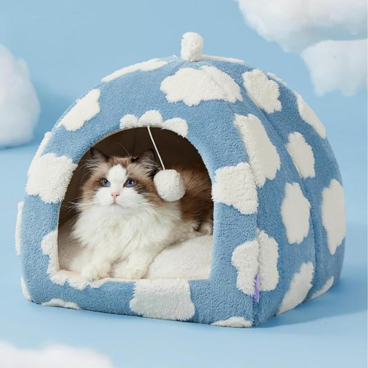 LESURE Cute Cat Beds for Indoor Cats - 2 in 1 Cat Cave Bed with Removable Washable Cushioned Pillow, Cozy Cat Tent House Design Pet Supplies Portable Blanket