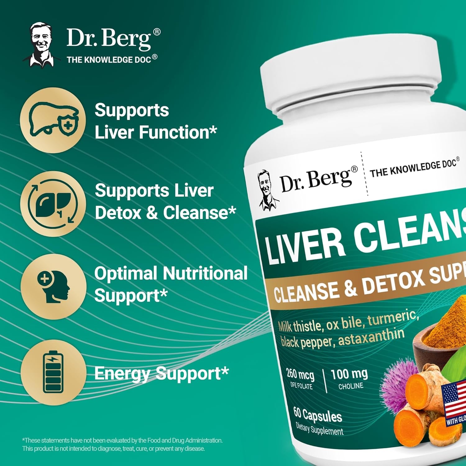 Dr. Berg Liver Cleanse Detox Capsules W/Unique Blend of Milk Thistle, Ox Bile & Folate - Liver Supplement Includes Turmeric, Black Pepper & Choline - 60 Capsules