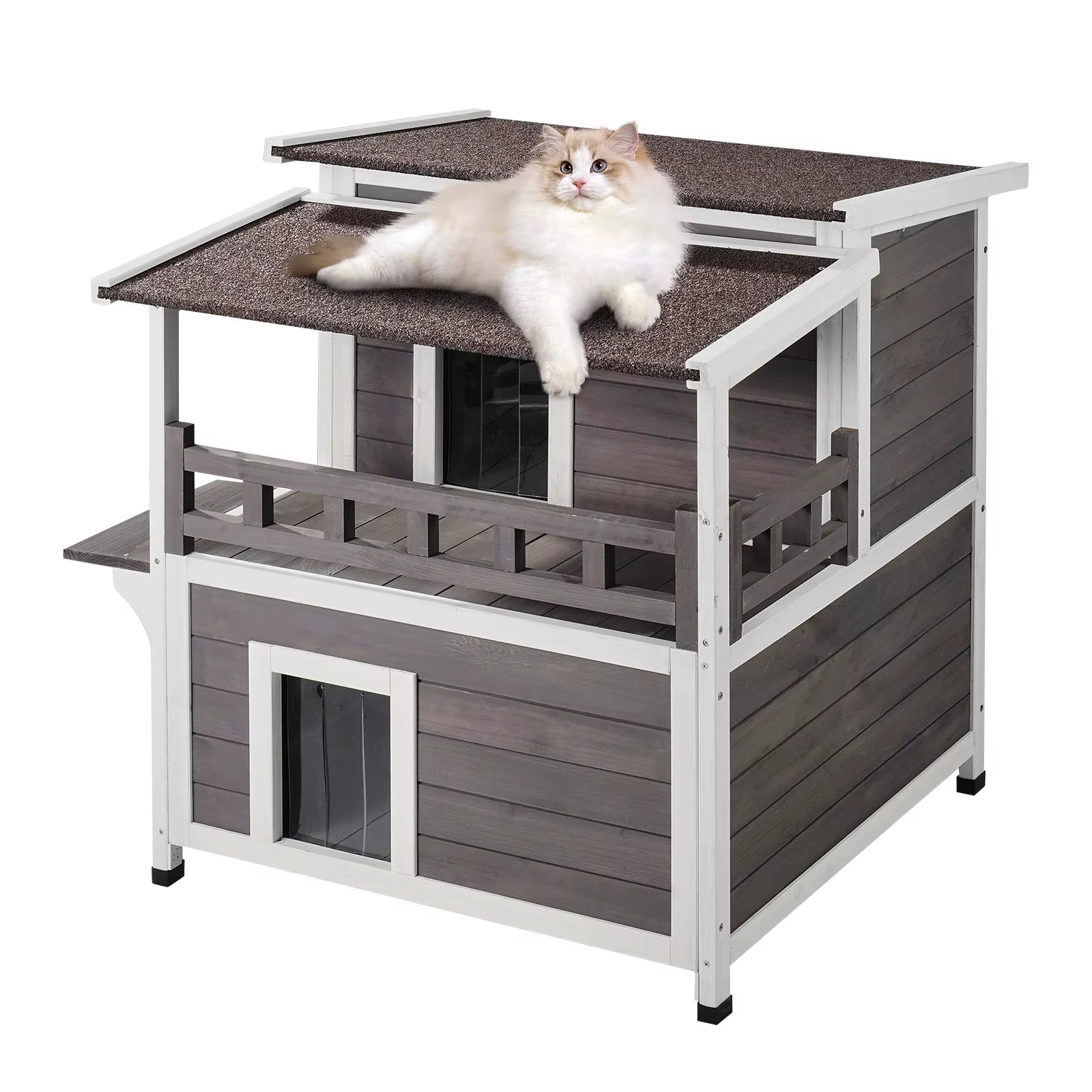 Outdoor Cat House Weatherproof Feral Cat Shelter 2-Story Large Outdoor Wooden Cat House with Balcony Door and Open Roof