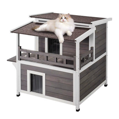 Outdoor Cat House Weatherproof Feral Cat Shelter 2-Story Large Outdoor Wooden Cat House with Balcony Door and Open Roof