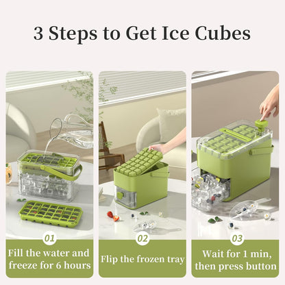 Compact Ice Cube Tray with Lid and Bin, with 2 round Ice Ball Molds, Bpa-Free, Easy Push-Release(Green)