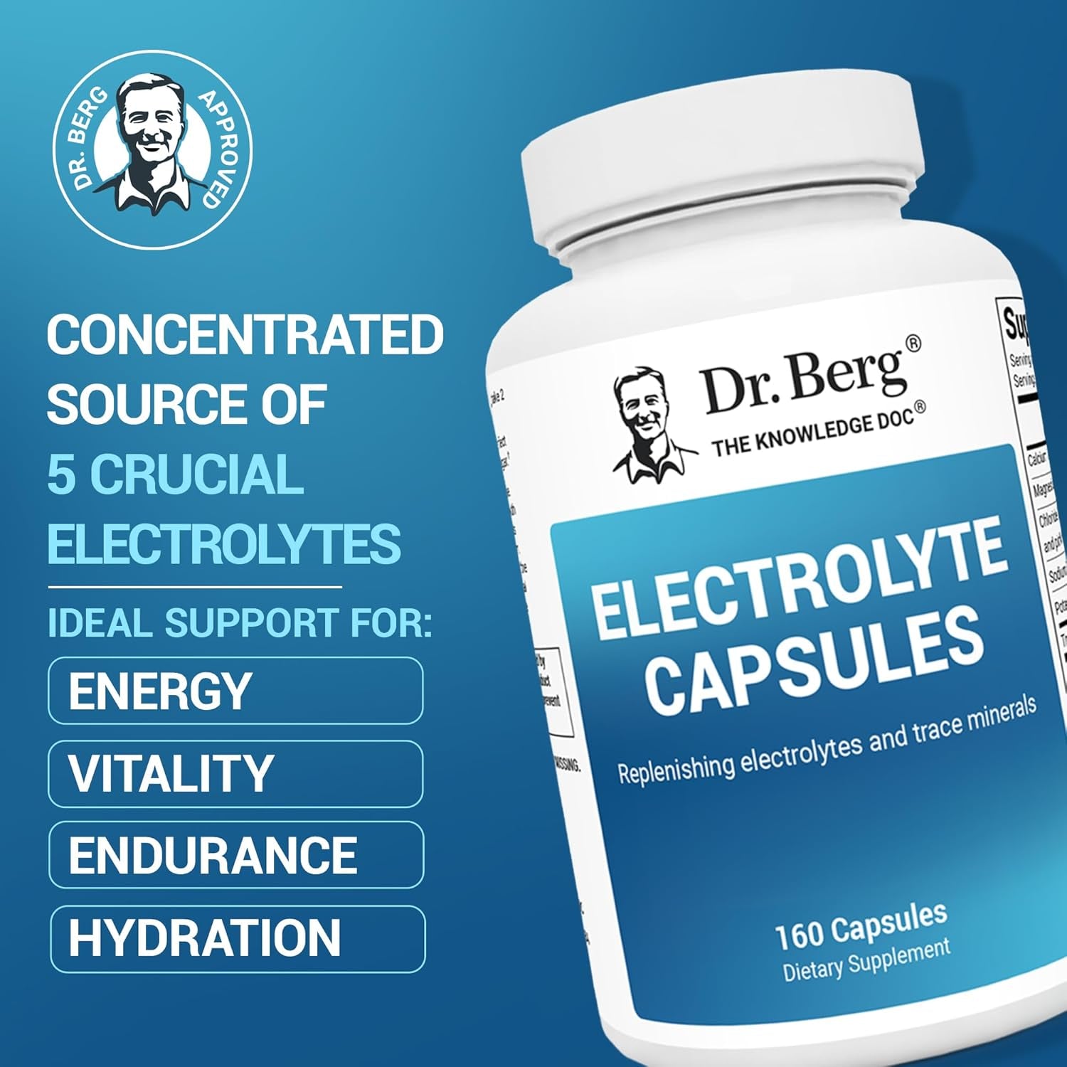Dr. Berg Electrolyte Capsules - Electrolyte Supplements for Supporting Energy, Endurance, and Hydration - Sugar Free, No Maltodextrin, Keto Friendly - 160 Caps
