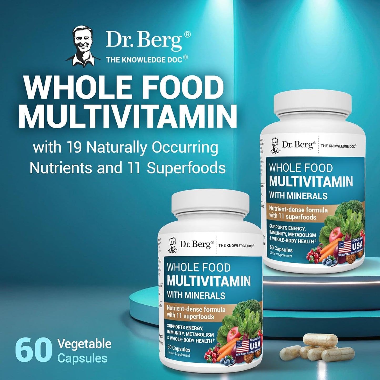 Dr. Berg Whole Food Multivitamin with Minerals - Daily Multivitamin for Men and Women - Includes Premium Whole Food Fruits and Vegetable Blend with Folate, Alpha-Lipoic Acid and More - 60 Capsules