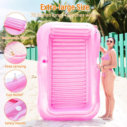 Inflatable Tanning Pool Lounger Float with Sprinkler, 78" X 48" Pool Floats Adult with Pillow, 3 in 1 Blow up Tanning Bed, Suntan Tub Raft Floatie for Pools, Beach, Backyard Summer Water Party