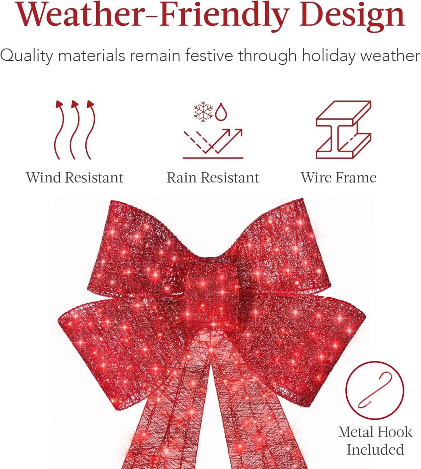 48In Pre-Lit XL Christmas Bow Decoration, Large Outdoor LED Holiday Yard Décor W/ 200 Lights, 8 Light Functions, Timer, Hook