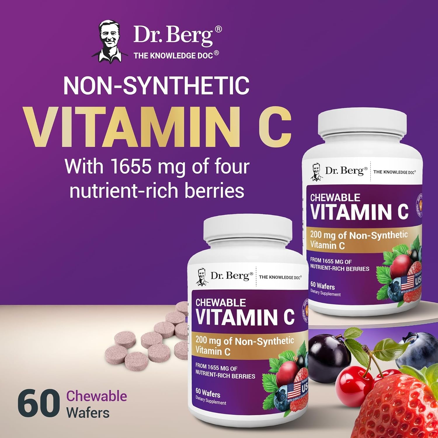 Dr. Berg Chewable Vitamin C Complex - Made with Organic, Non-Gmo Berries - 60 Delicious Wafers