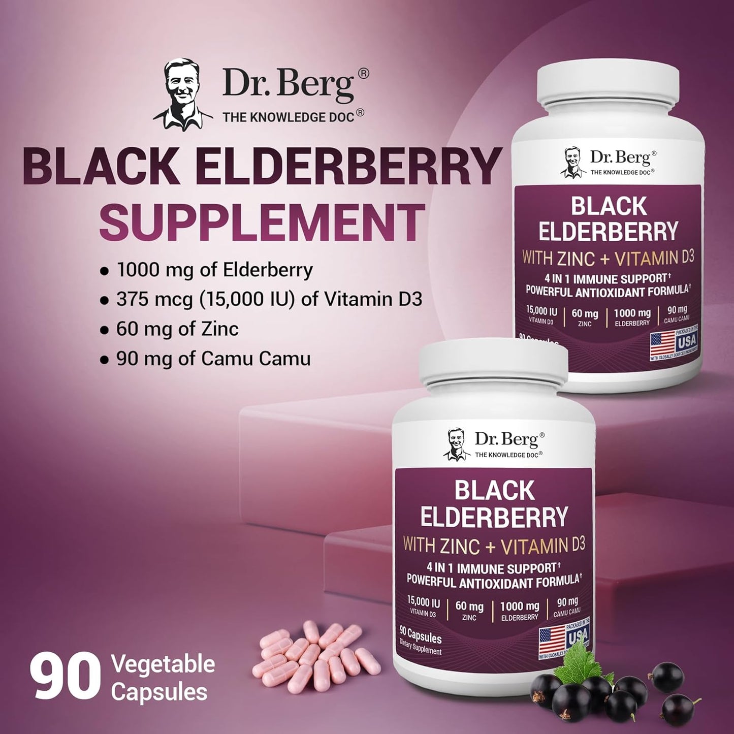 Dr. Berg Black Elderberry Capsules (Advanced Immune Support*) with 15,000 IU Vitamin D, 60 Mg of Zinc, & 90 Mg of Camu Camu - (4-In-1) Sambucus Elderberry Immune Support Supplement - 90 Capsules